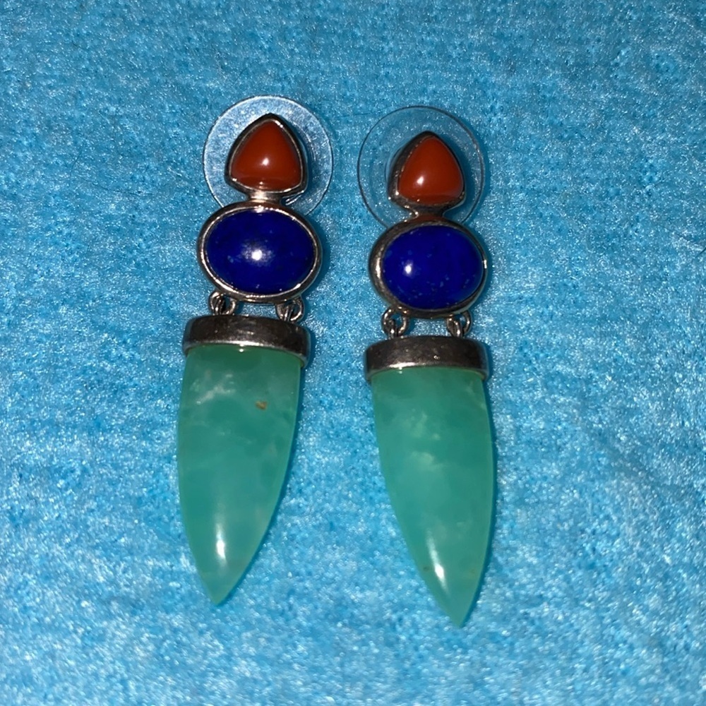 WHITNEY KELLY Jadeite lapis agate pierced earrings .925 sterling silver vintage